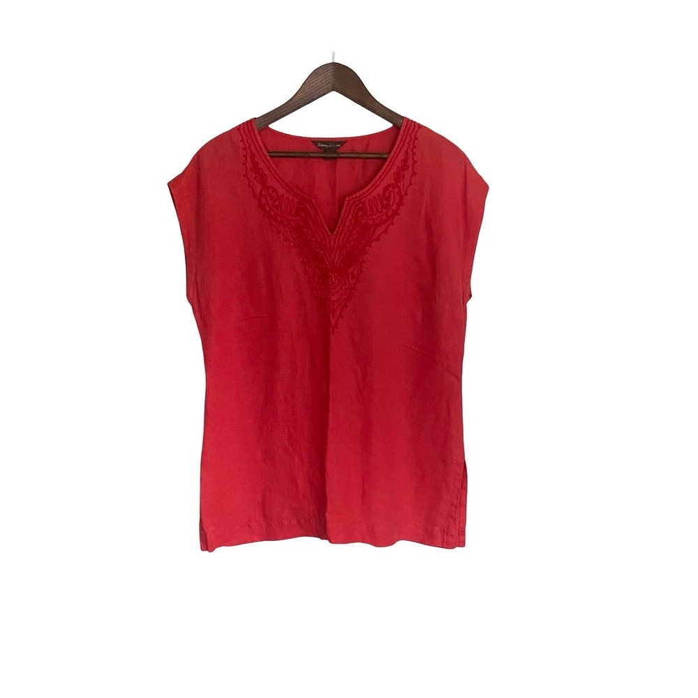 Tommy Bahama Womens Orange Red 100% Linen Embroidered V-Neck Tunic Top Medium